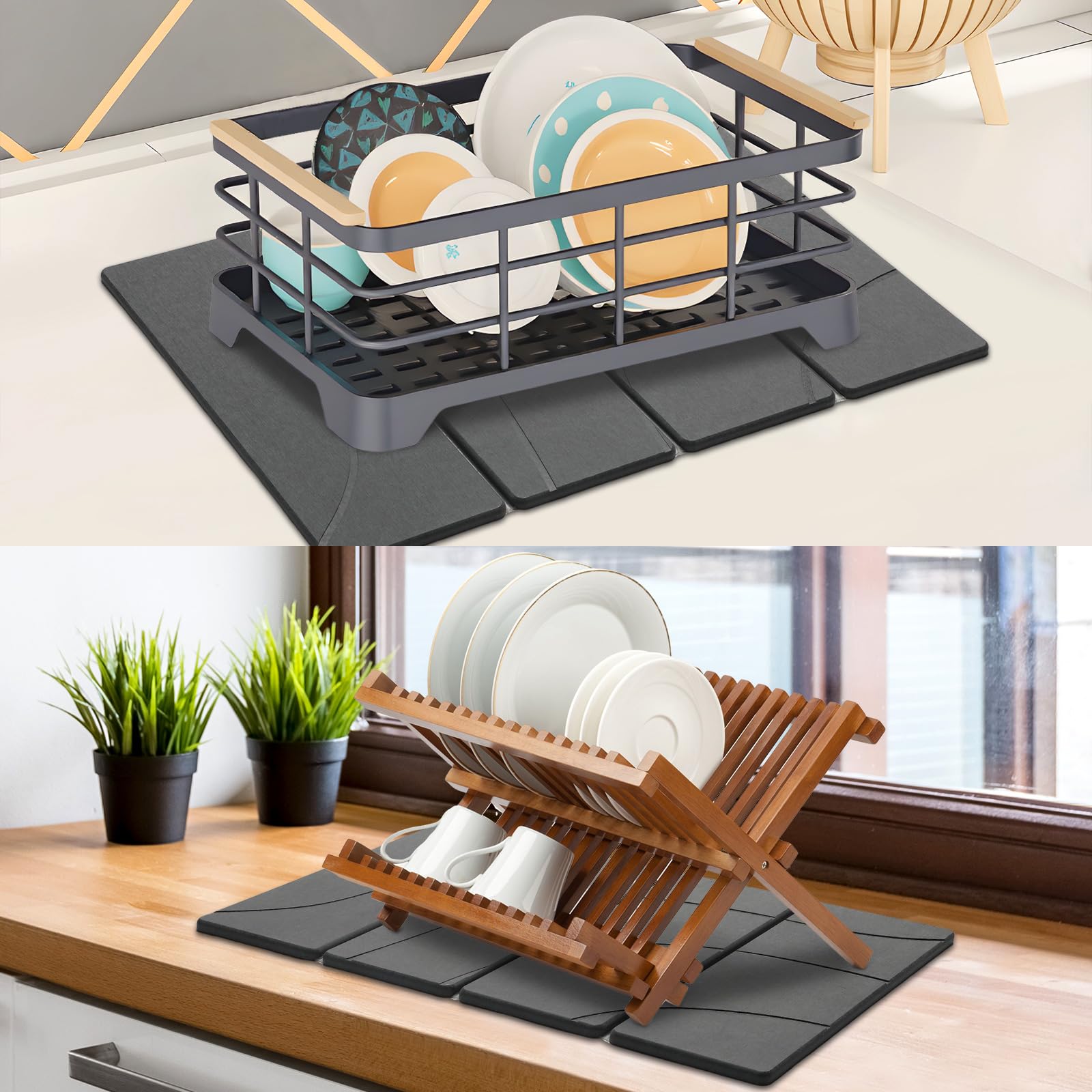 Linidcoud drying mat beside sink to air dry kitchenware