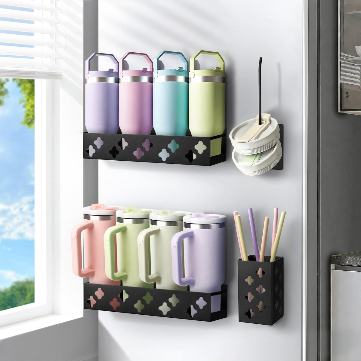 Linidcoud magnetic water bottle organizer in fridge keeps 40oz tumblers neatly stored and accessible.
