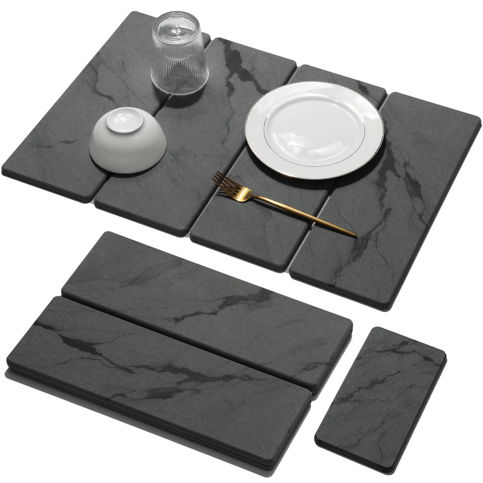 Linidcoud two-pack stone drying mats on kitchen counter showing large mat and small mat in use for quick drying