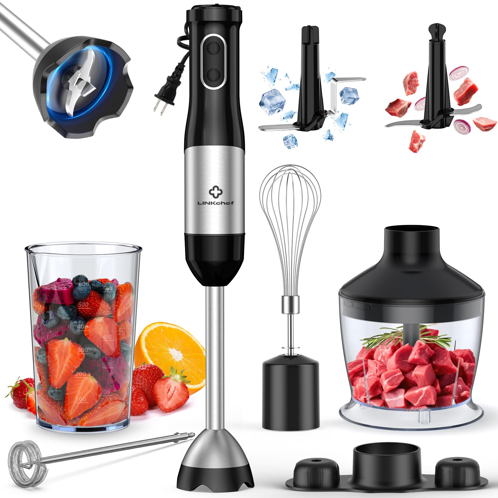 LINKChef 7‑in‑1 immersion blender with bell guard protecting non‑stick cookware