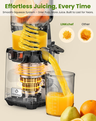 LINKChef slow juicing at 50-65 RPM preserves flavor and reduces sediment.