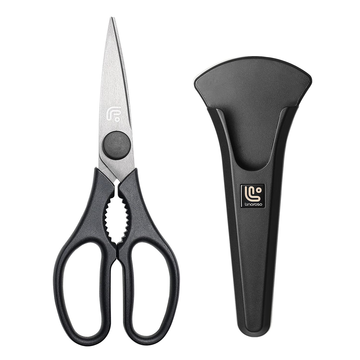 Linoroso kitchen shears with magnetic holder, ideal for meats and vegetables.