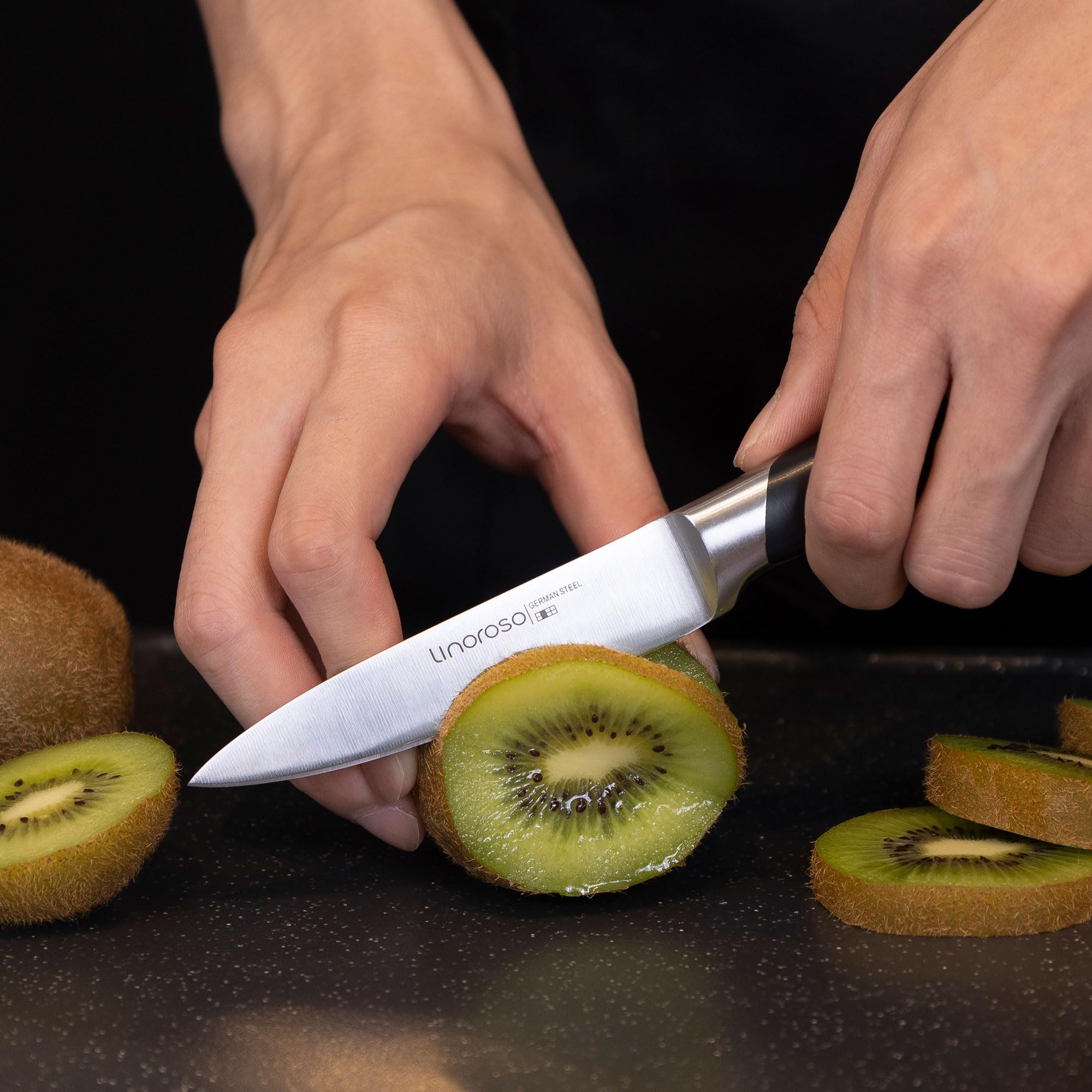 Linoroso Paring Knife blade edge detail highlights sharpness at 11-12 degrees