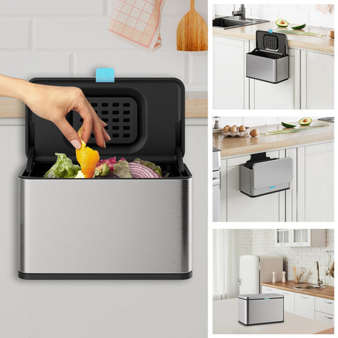 LINSSEN stainless steel trash can with lid keeps waste concealed and looks clean.