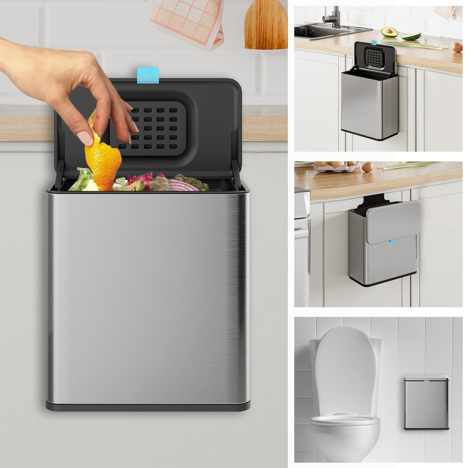 LINSSEN stainless steel hanging trash can with lid, compact and space-saving for kitchens
