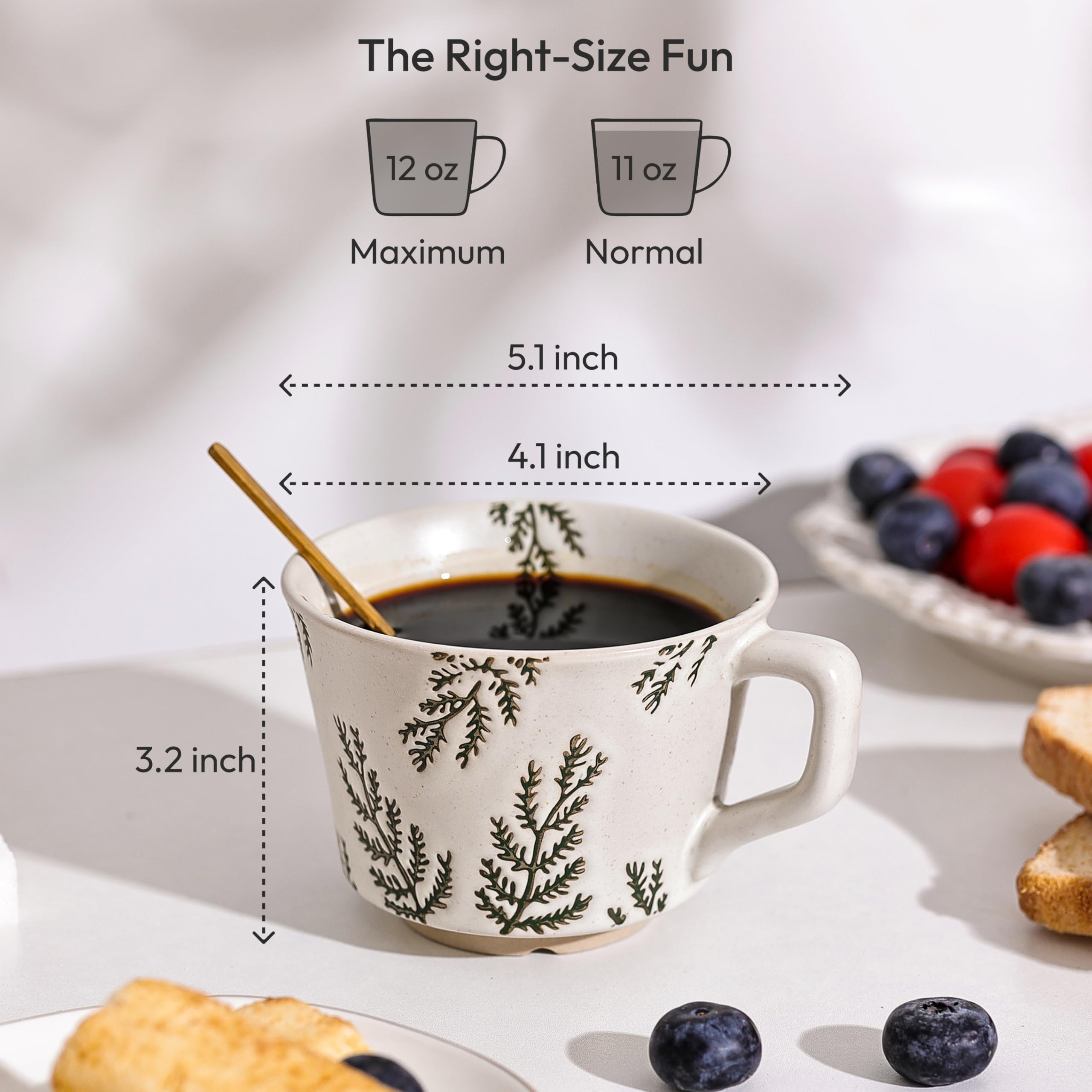 LINVIA leaf motif mug, microwave-safe stoneware for quick warmth