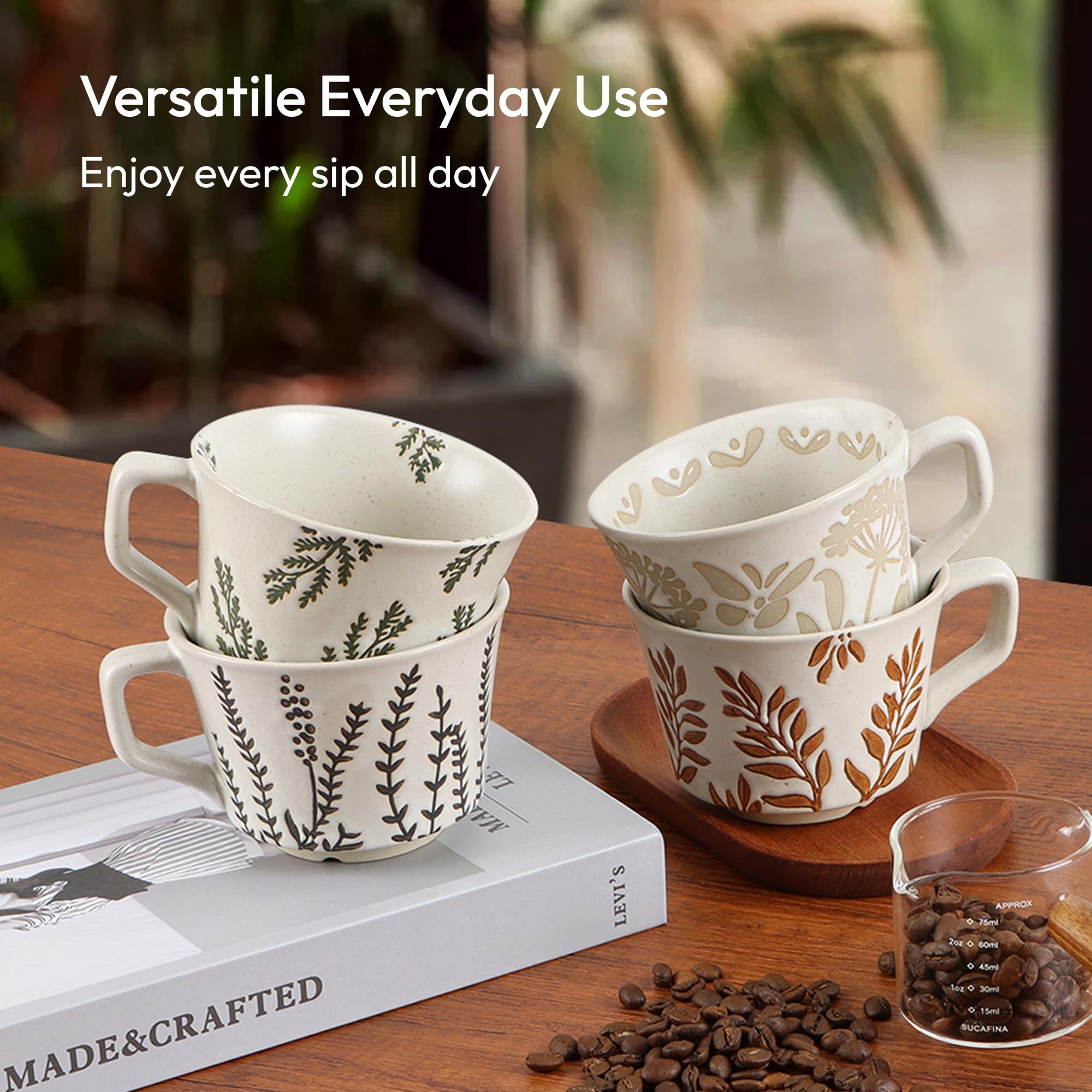 LINVIA ceramic mug leaf pattern, ergonomic handle for easy sip.