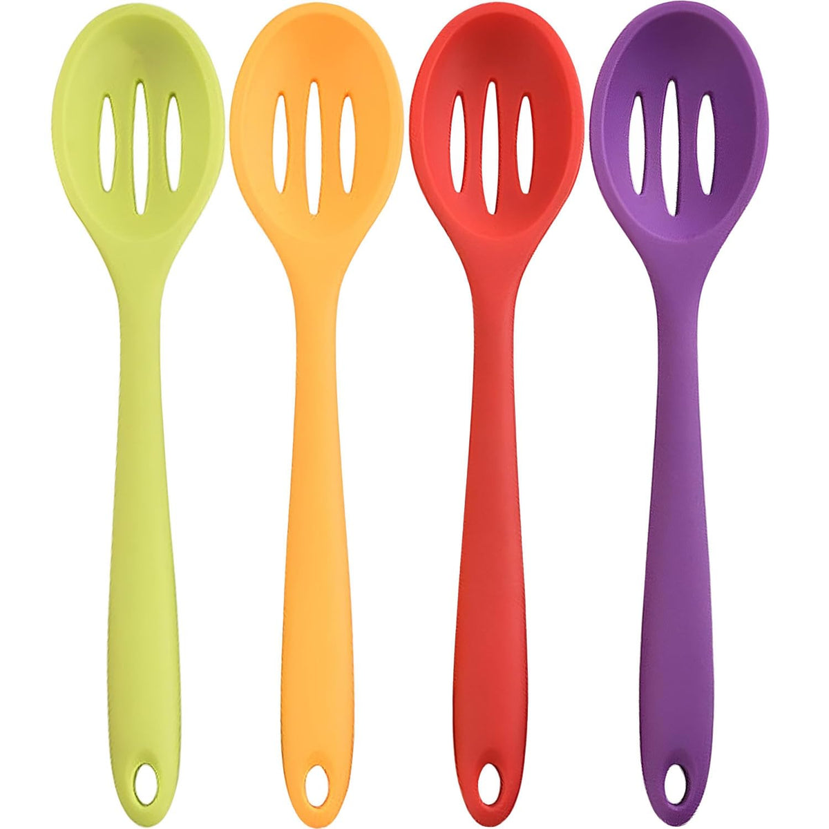 Linwnil silicone slotted spoons in a colorful set, ideal for stirring and draining foods.