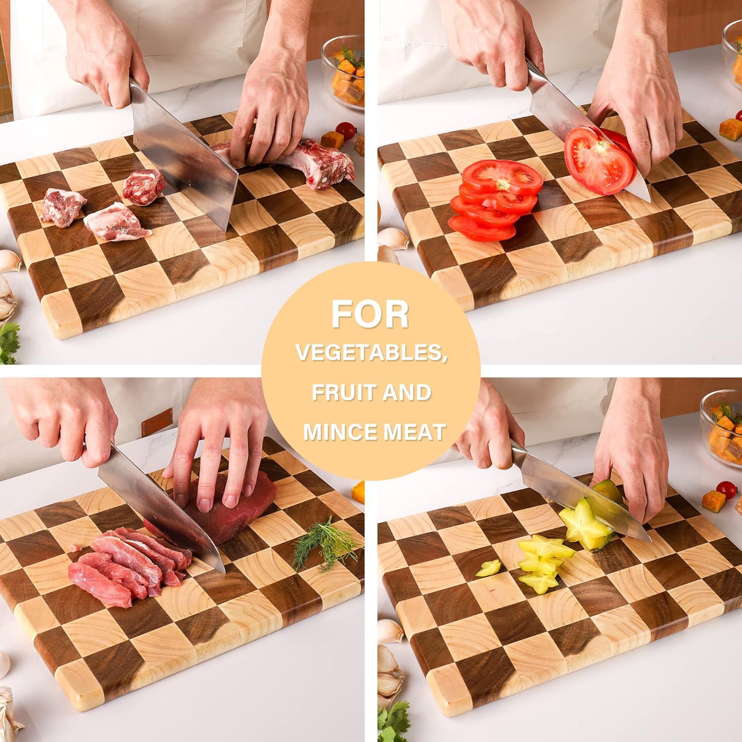 Linwnil thick cutting board at 0.99 inches provides sturdy, stable chopping surface.