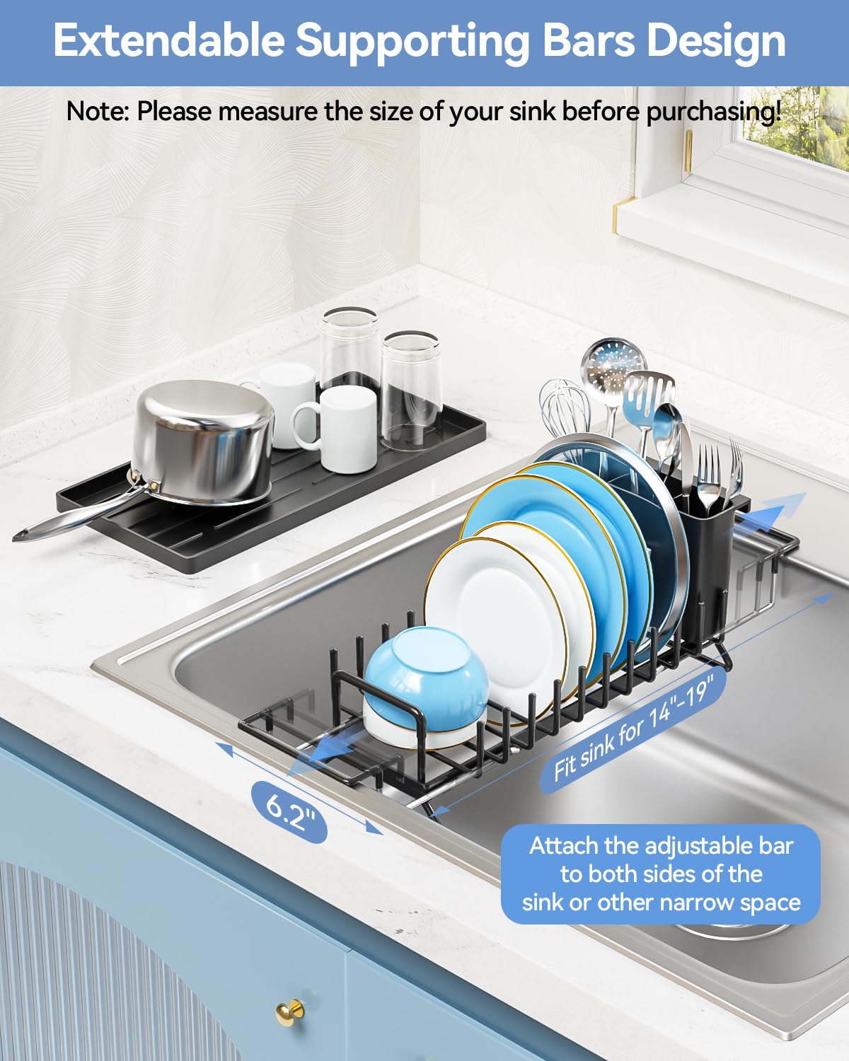 LIONONLY dish drying rack over sink extends to free counter area.