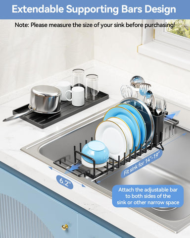 LIONONLY dish drying rack over sink extends to free counter area.