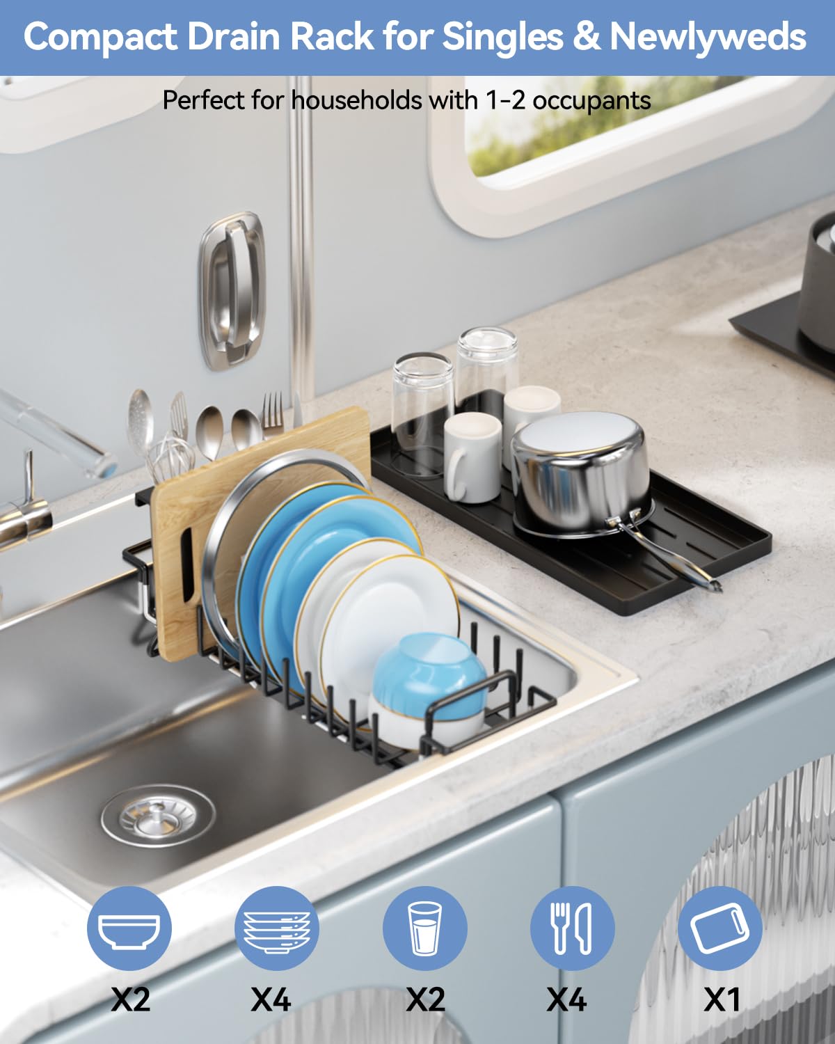 LIONONLY dish rack with utensil holder keeps utensils organized.