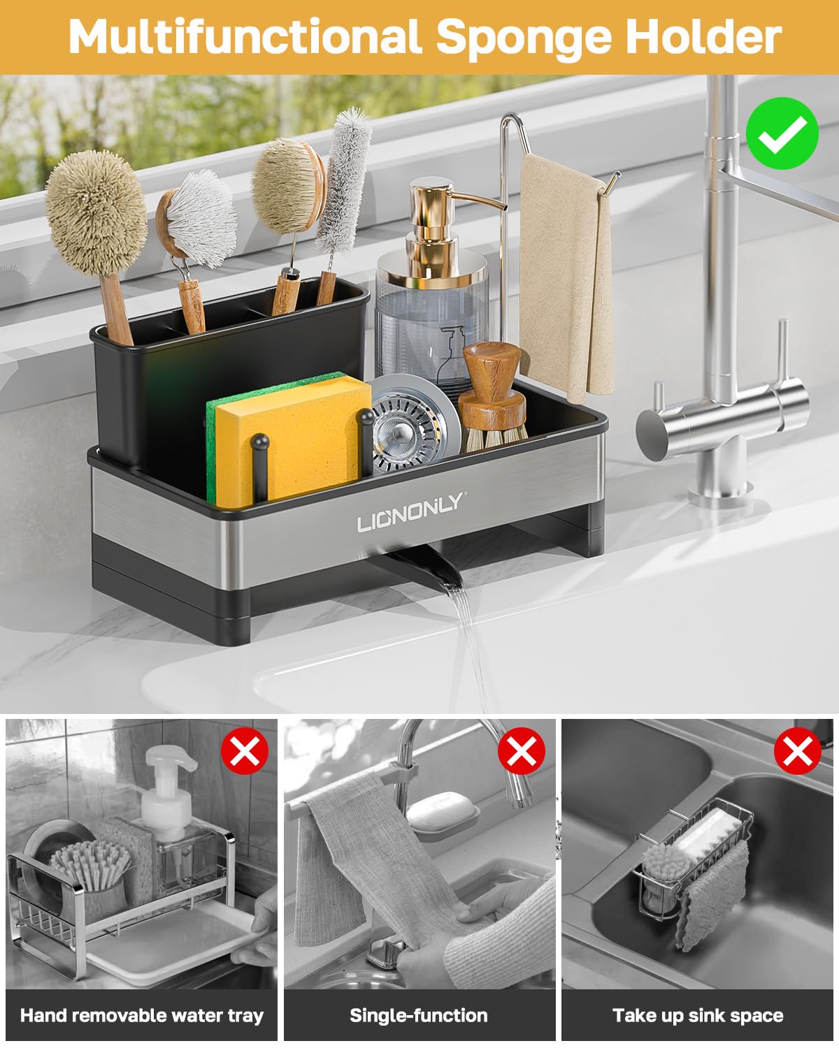 LionOnly kitchen sink organizer offers space-saving design with ample storage.