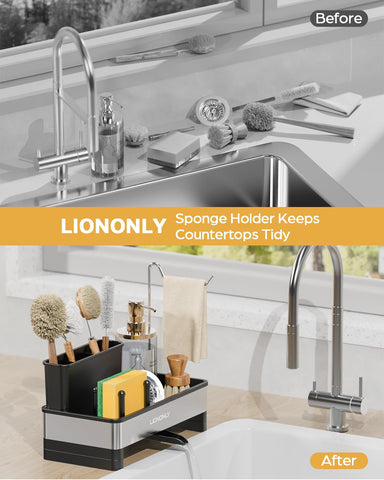 LionOnly multifunctional compartments hold sponges, brushes, towels, and more.