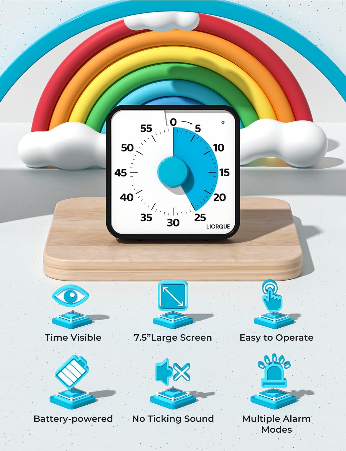 LIORQUE timer delivers adjustable volume and three modes: Sound, Light, or Vibration.