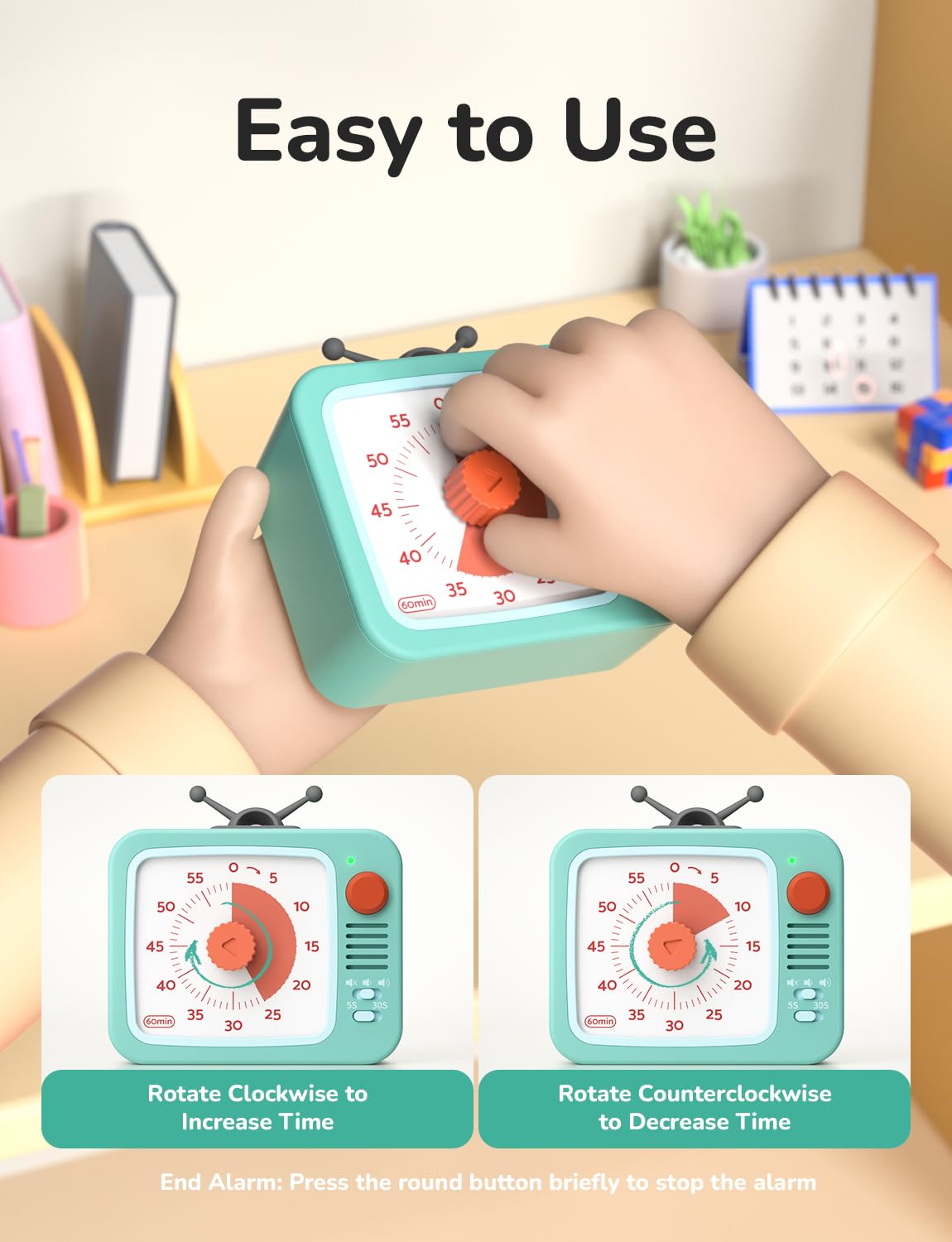 LIORQUE Visual Timer offers adjustable alarm volume for comfort.