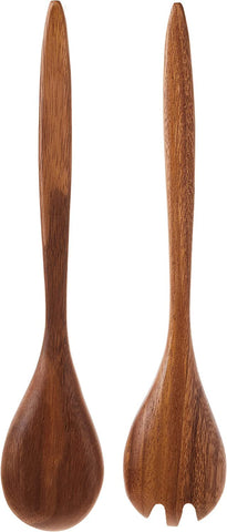Lipper International 1188 acacia oblong salad servers close-up highlighting durable wood grain.