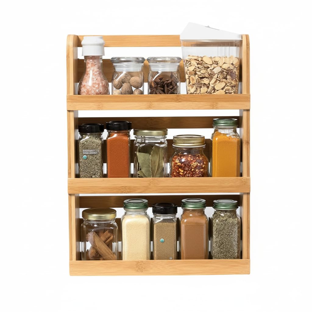 Lipper International 8840 bamboo 3-tier spice rack on counter ready for spices and jars