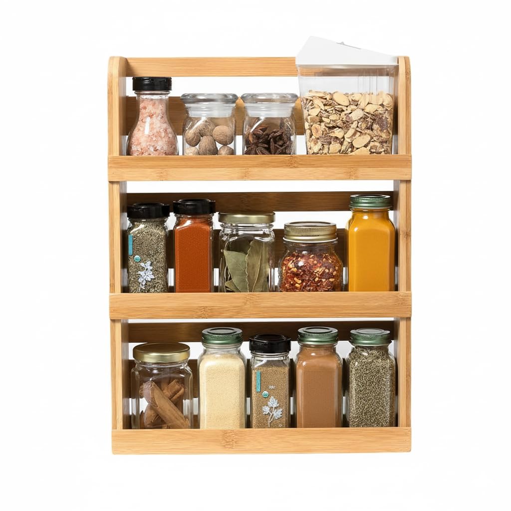 Lipper International 8840 bamboo 3-tier spice rack side view demonstrates compact kitchen storage