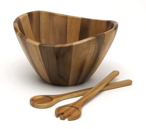 Lipper International Acacia wave bowl with servers for easy serving.