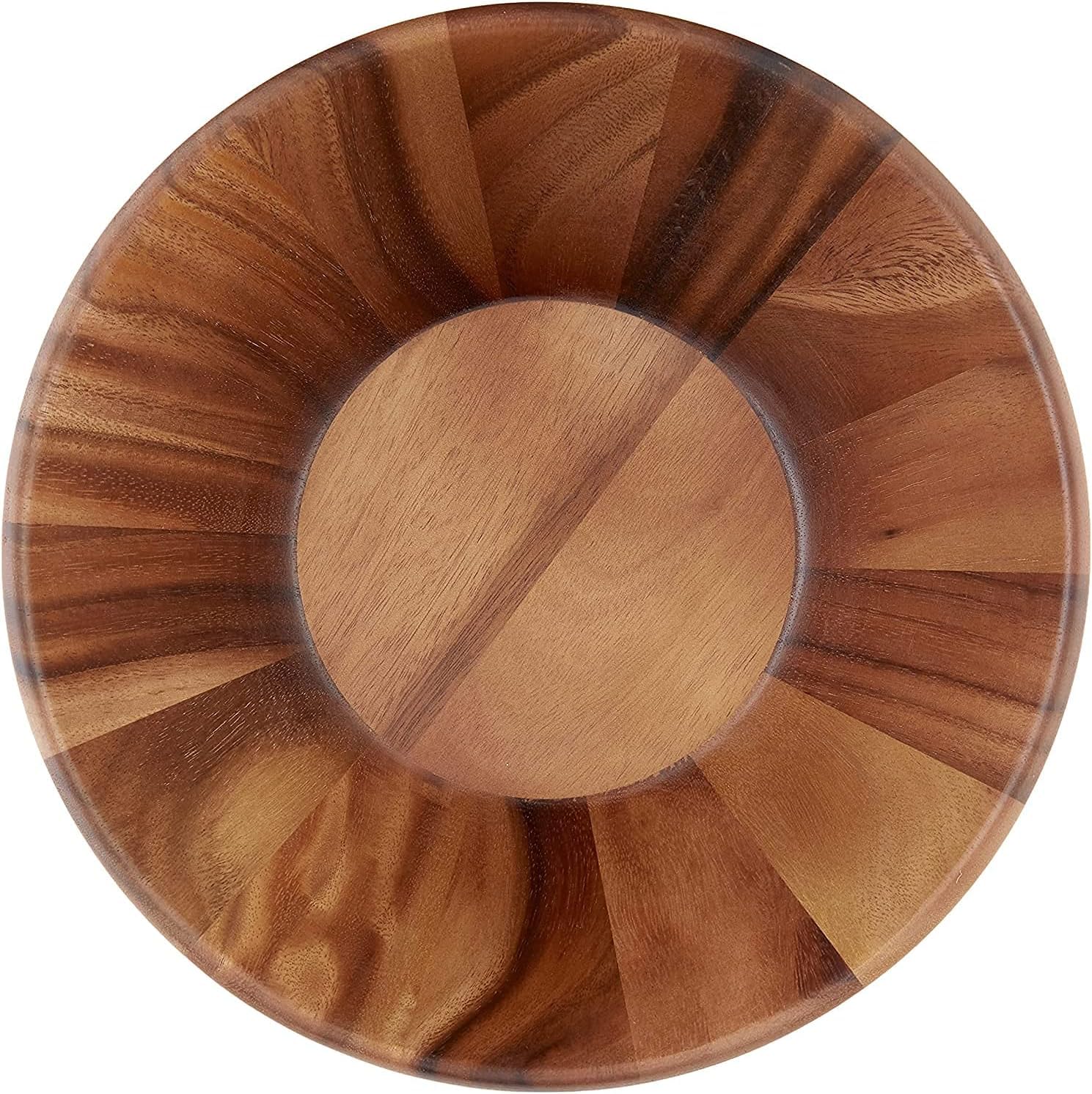 Lipper International Acacia Round Flair Bowl showing rich wood grain texture.