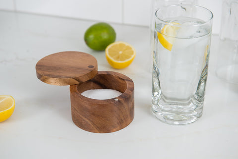Seasonings sit beside the Lipper salt box on the counter.