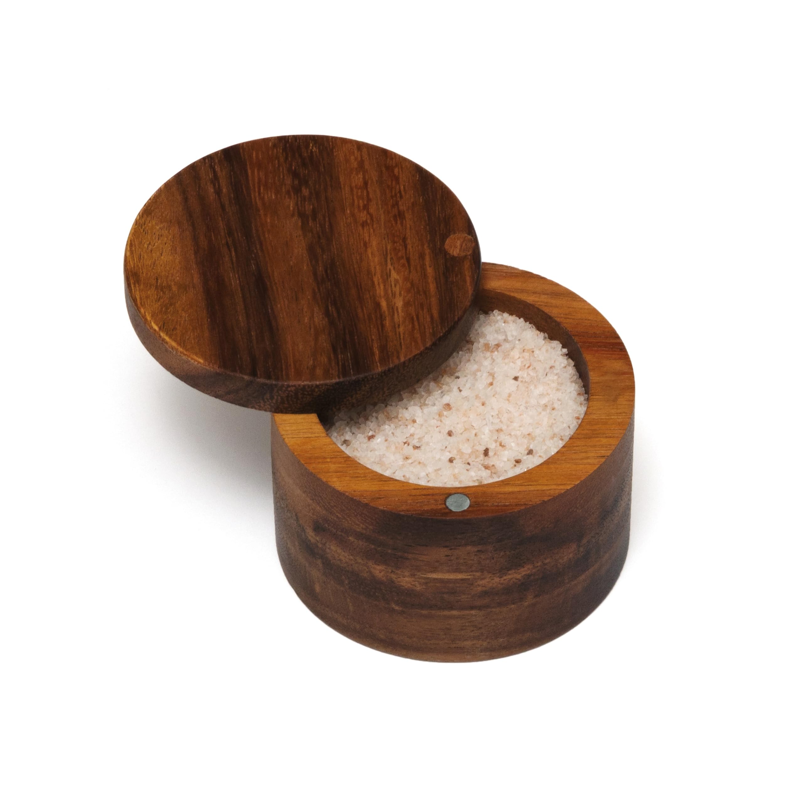 Close-up of the swivel cover on the Lipper acacia salt box protects contents.