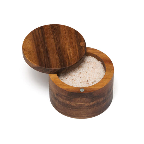 Close-up of the swivel cover on the Lipper acacia salt box protects contents.