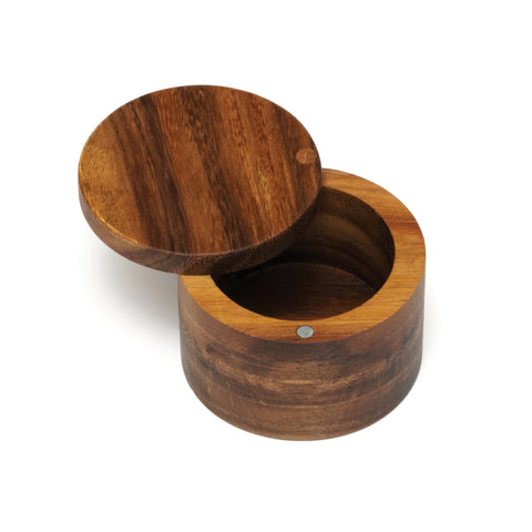 Lipper International acacia salt box with swivel cover keeps spices protected and ready.