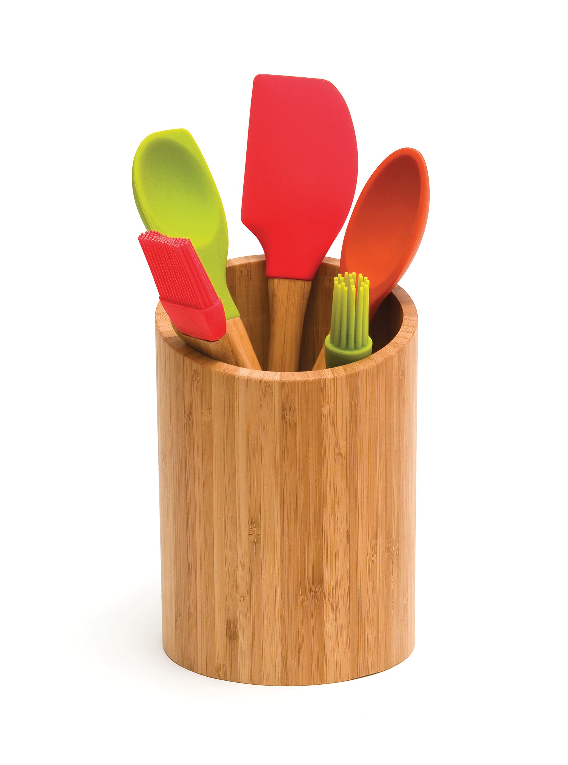 Lipper International bamboo tool holder in use on a busy kitchen counter.
