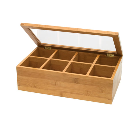 Lipper International bamboo tea box with clear lid showcases eight compartments.