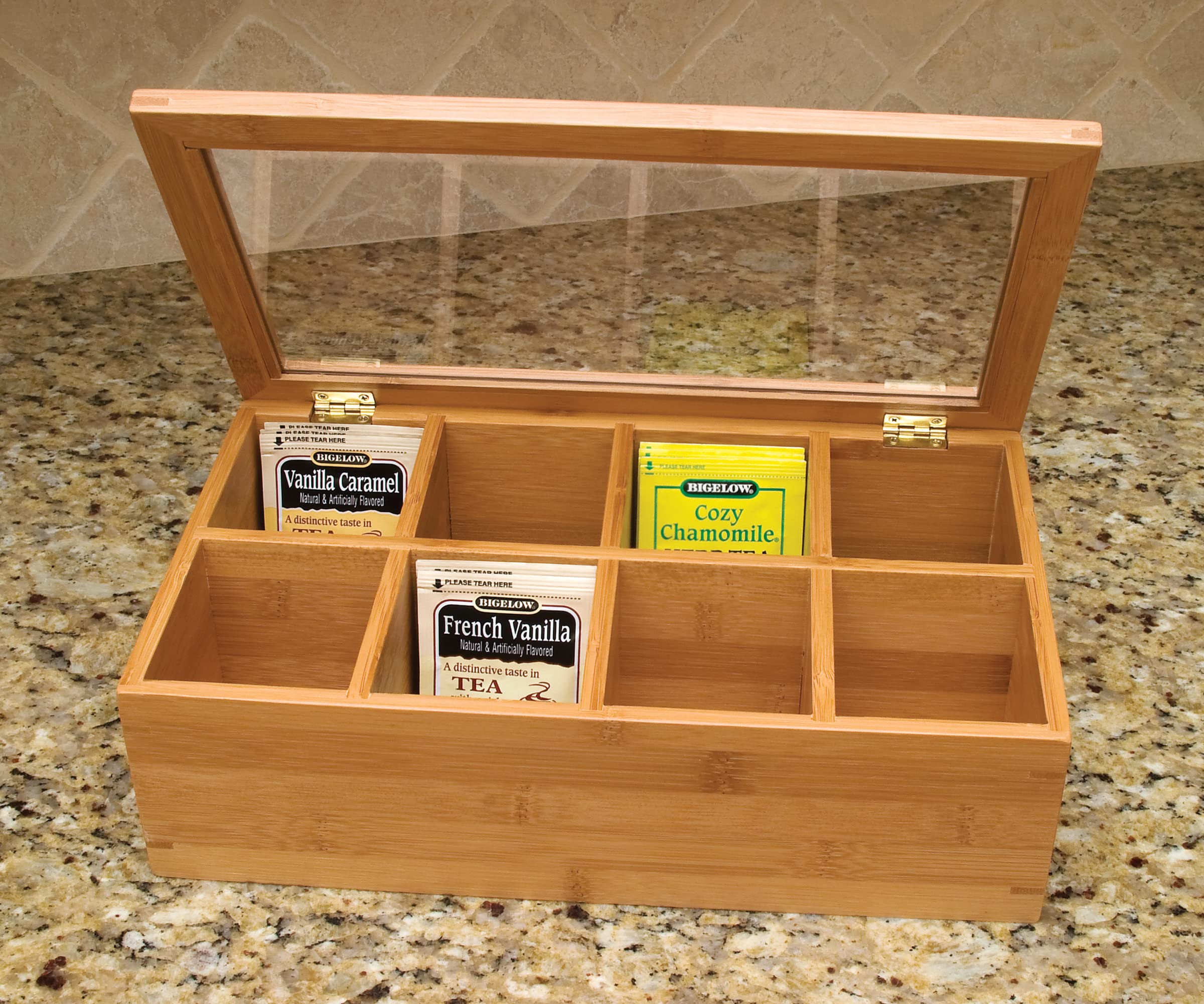 Lipper International tea box on kitchen counter with assorted teas ready to brew.