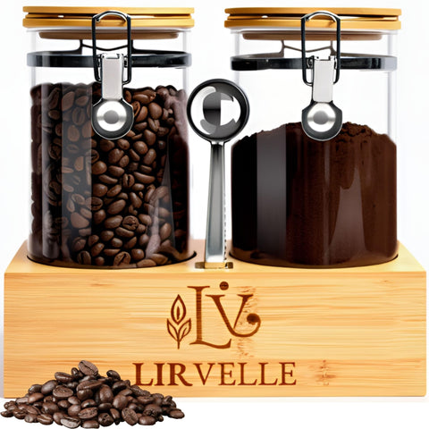 Lirvelle airtight coffee canister with bamboo base keeps beans fresh