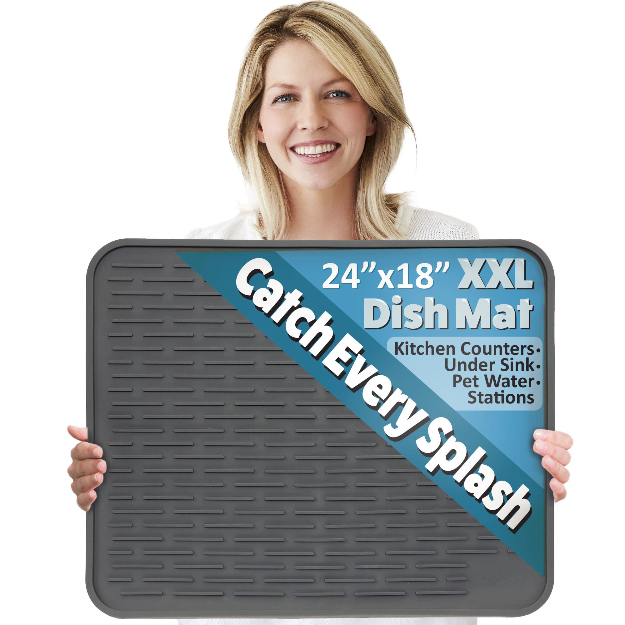 LISH XXL silicone dish drying mat in slate grey, 24x18 inches for an organized counter.
