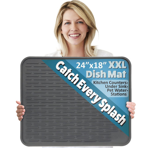 LISH XXL silicone dish drying mat in slate grey, 24x18 inches for an organized counter.