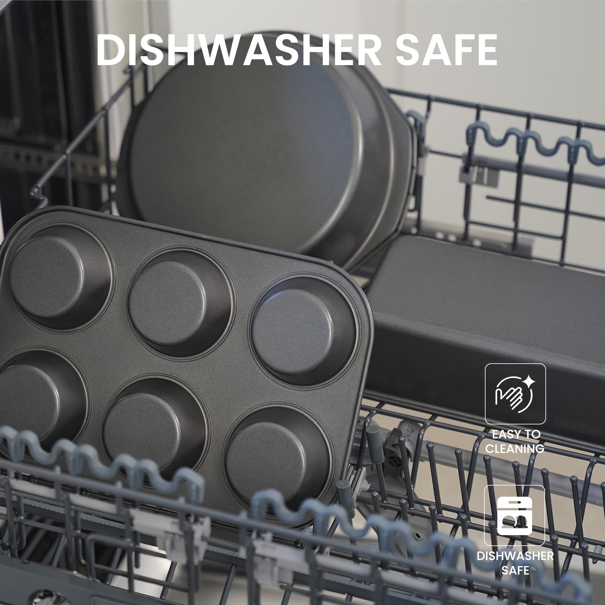 LISI stackable bakeware design for compact storage in kitchen cabinets.
