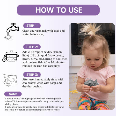 Lisol Iron Fish cleaning guide shows rust is harmless with lemon.