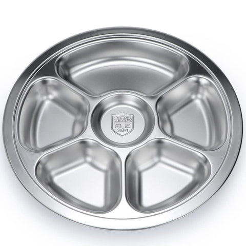 Litewoo stainless steel round divided plate top view showing six compartments for organized meals