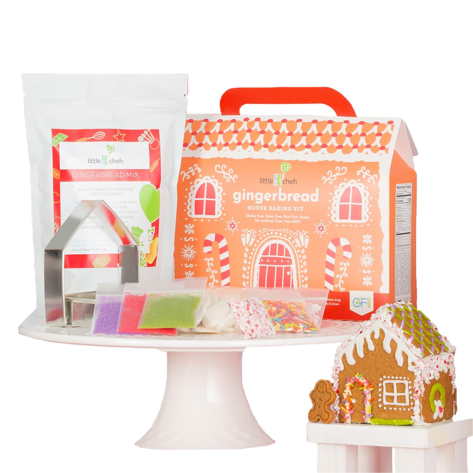 Little GF Chefs gingerbread house kit box showing gluten-free, vegan safe packaging.