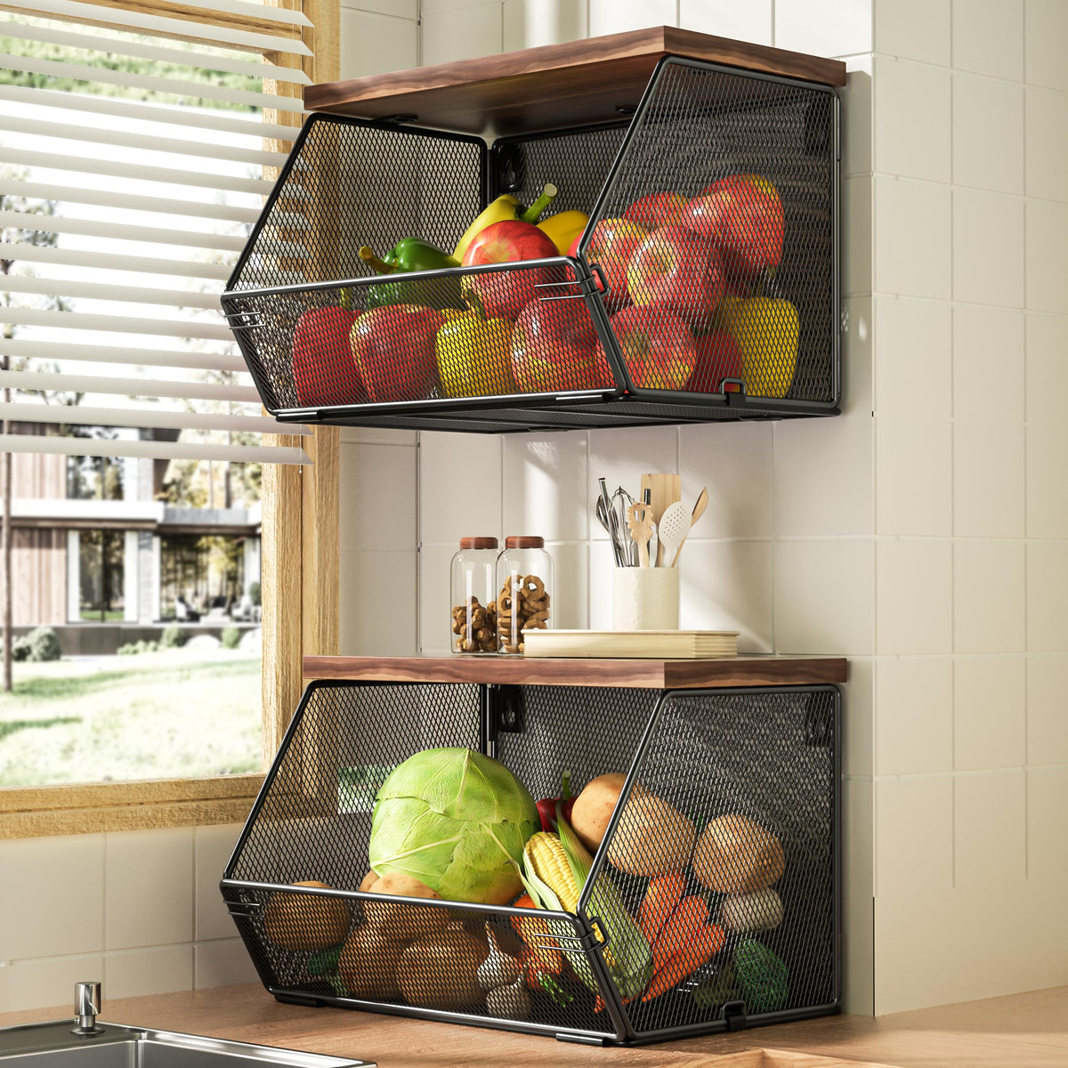 Litwaro stackable baskets assembly for quick setup and organized counter storage.