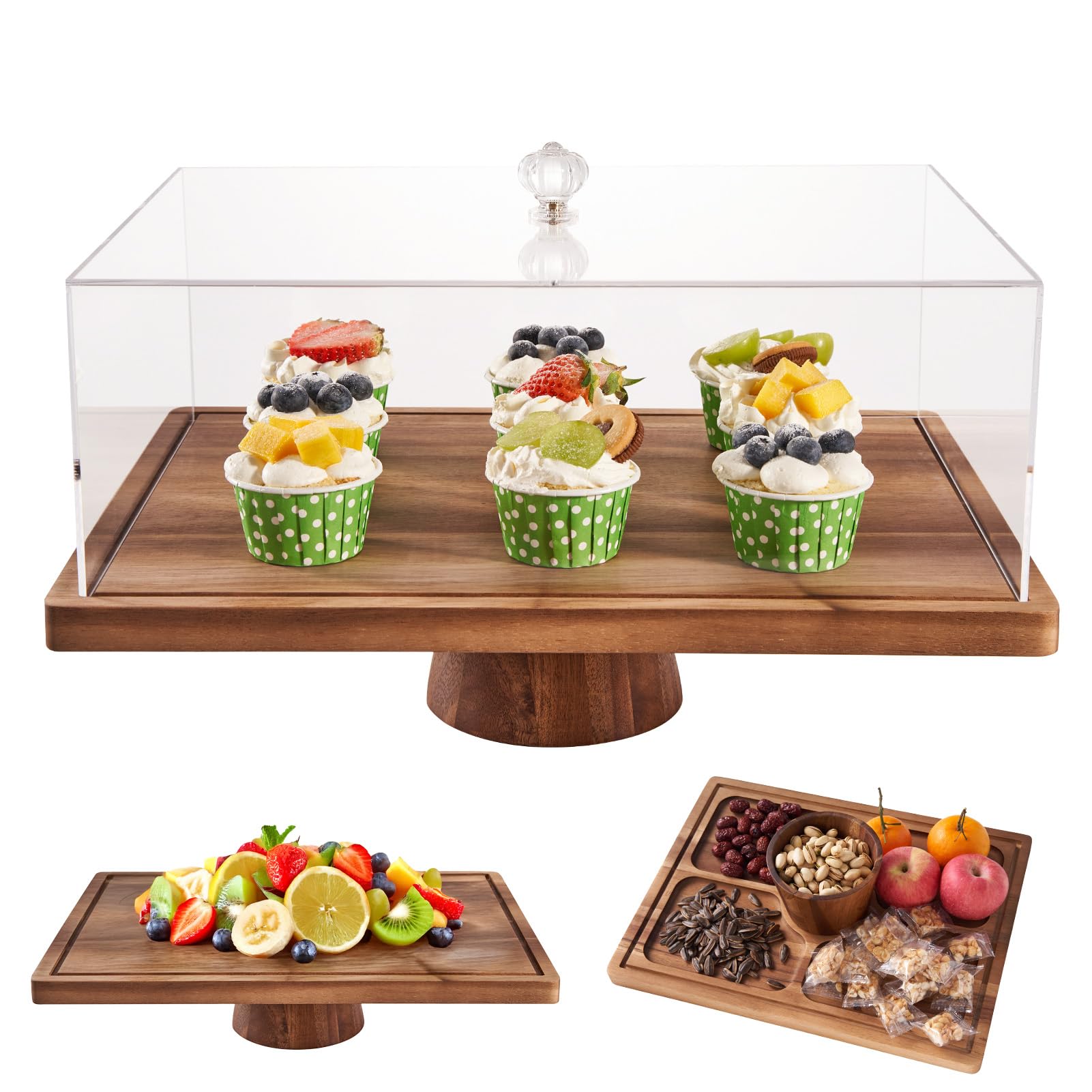 LiTY large rectangular cake stand with lid in acacia wood, ideal for celebrations.