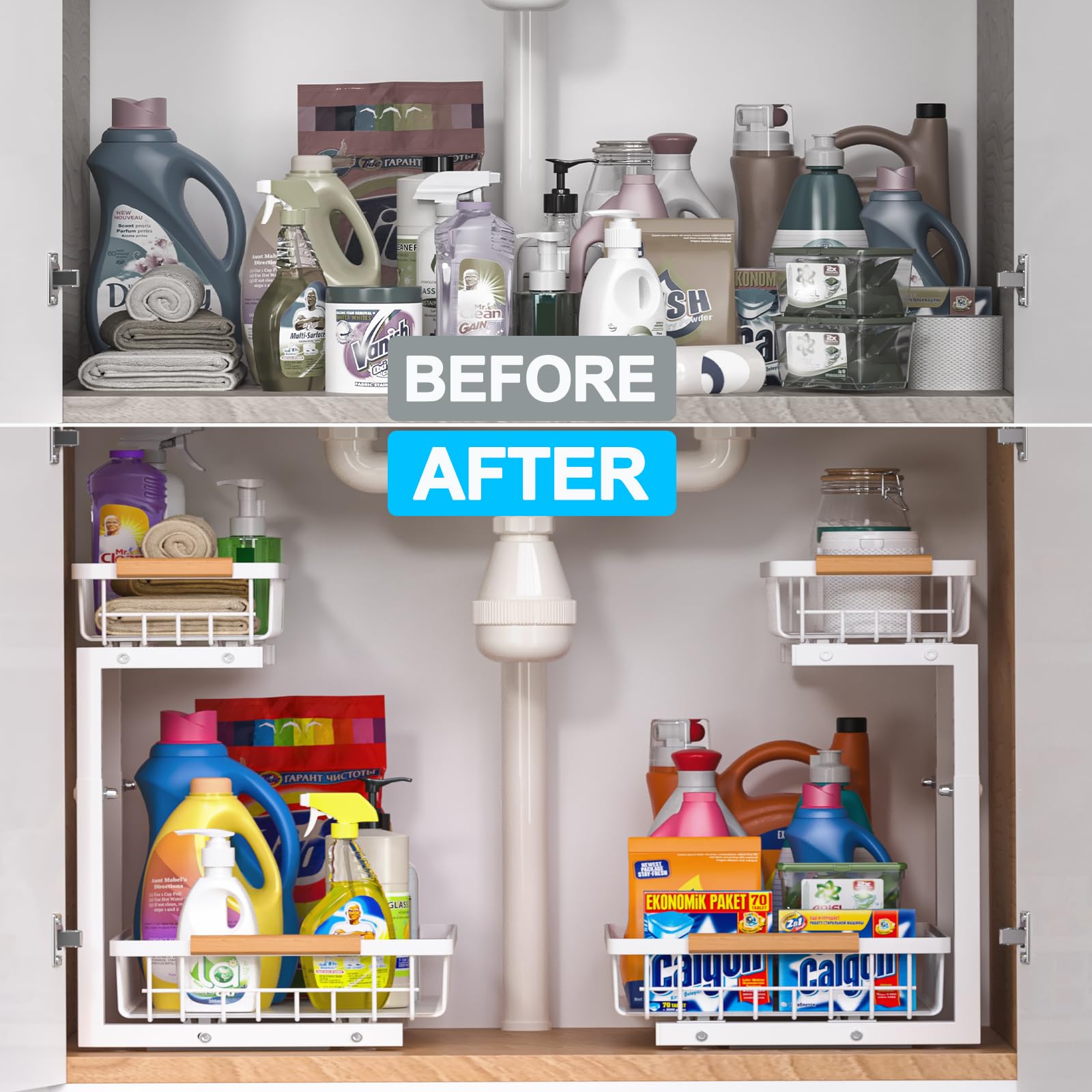 Liuoud suitable for kitchen and bathroom cabinet organization.