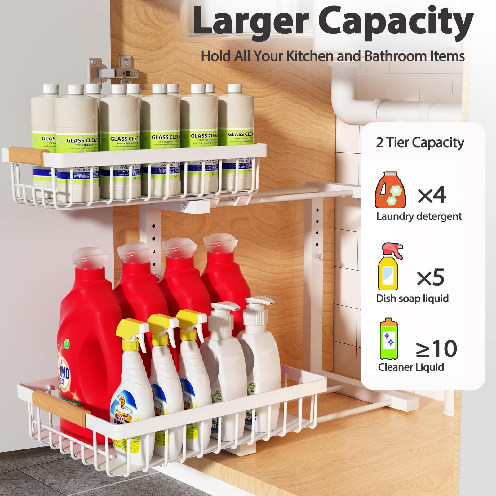 Liuoud under-sink bottom basket increases storage and organization.