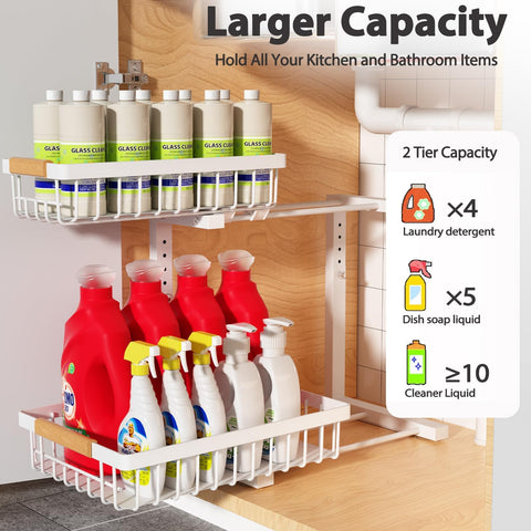 Liuoud under-sink bottom basket increases storage and organization.