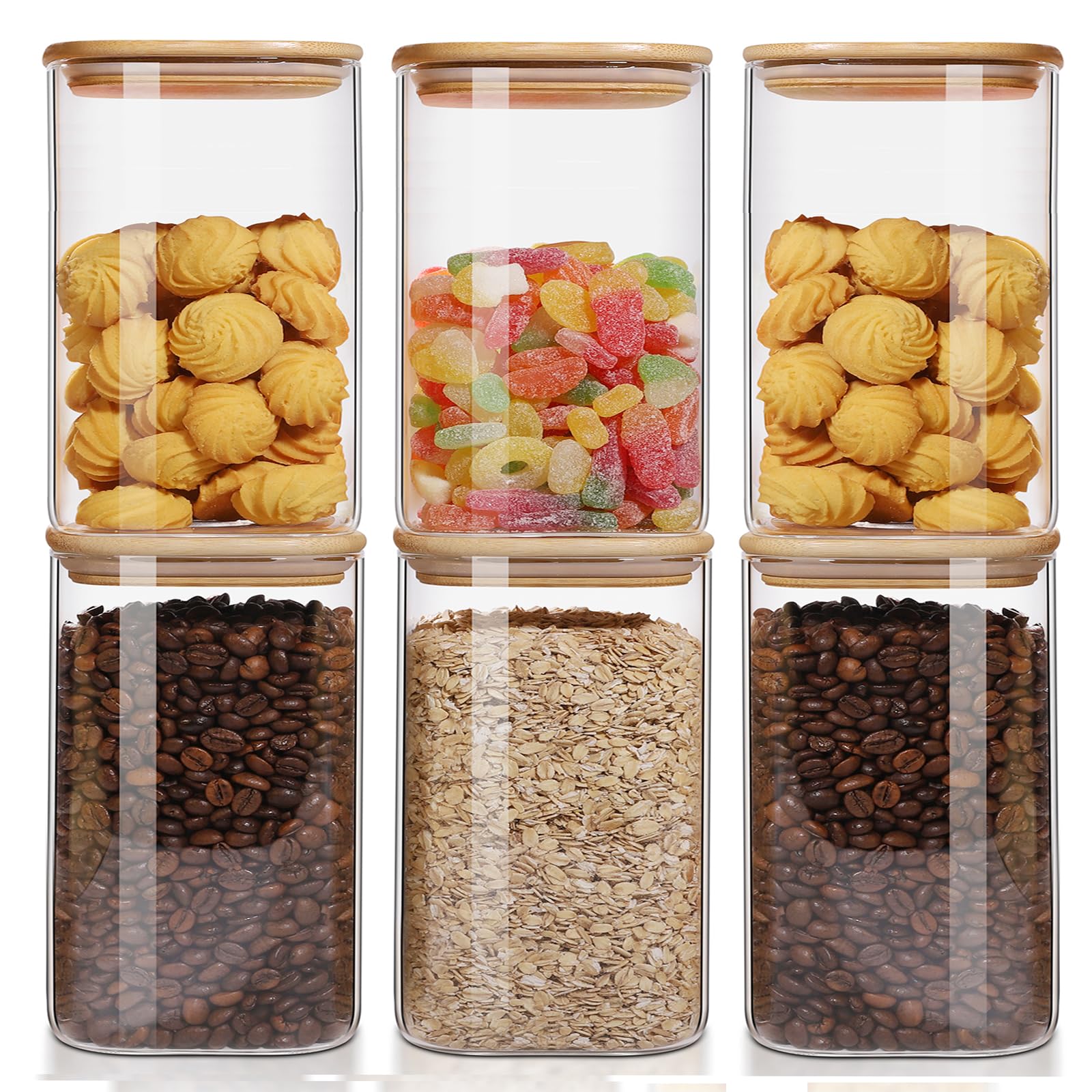 Liuruiyu 50oz square glass storage jar with bamboo lid; airtight seal preserves freshness.