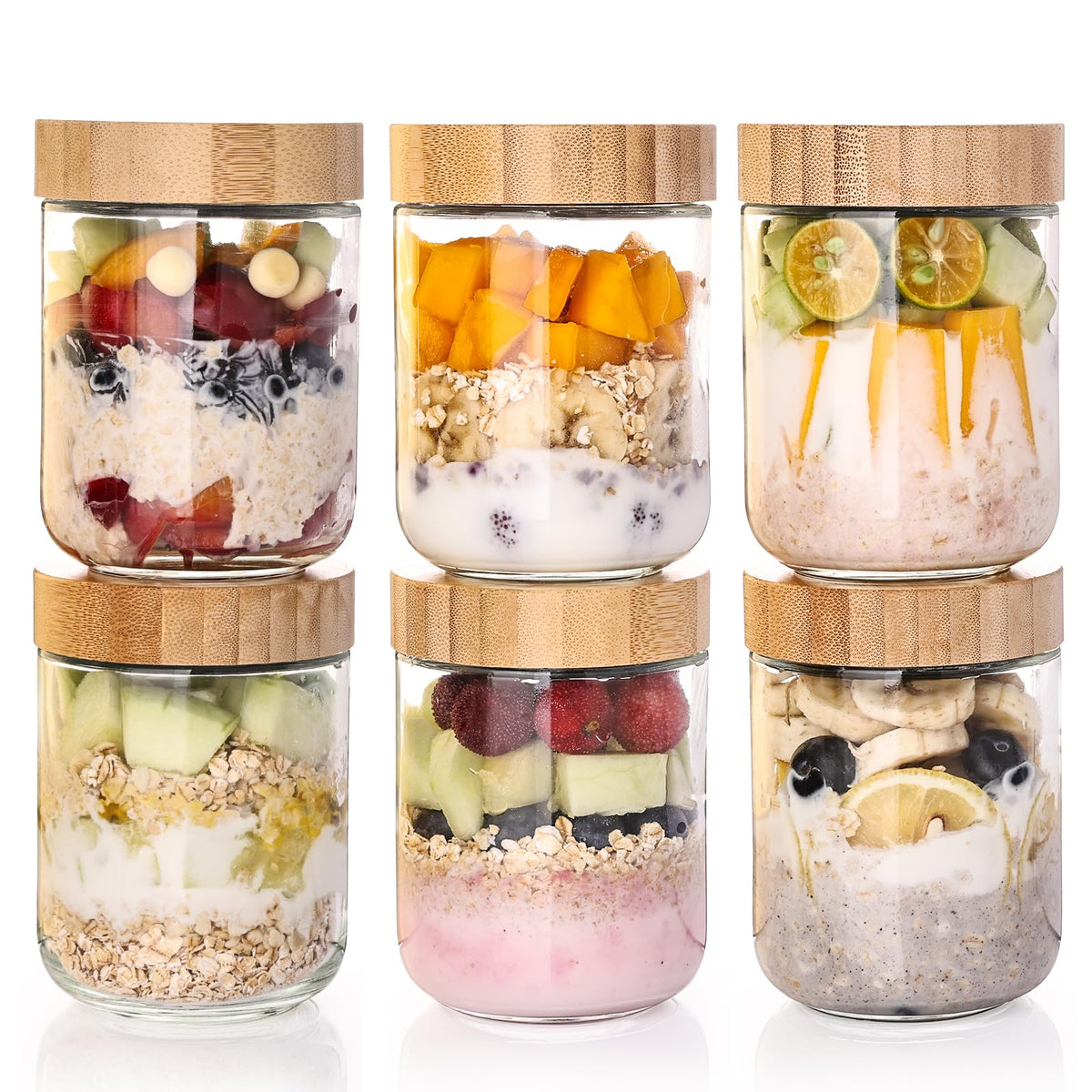 Liuruiyu six pack overnight oats containers in clear glass for organized refrigerated storage.