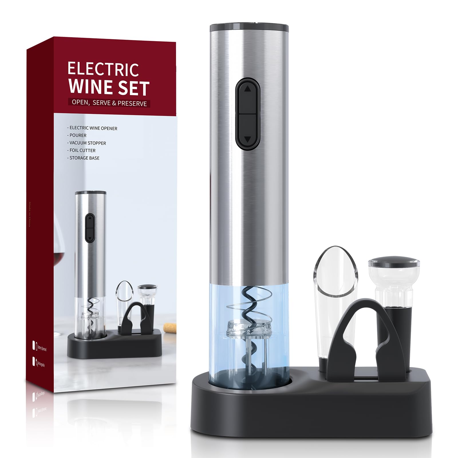 Liuzouwin 5-in-1 electric wine opener base pictured, keeps your setup stylish and organized.