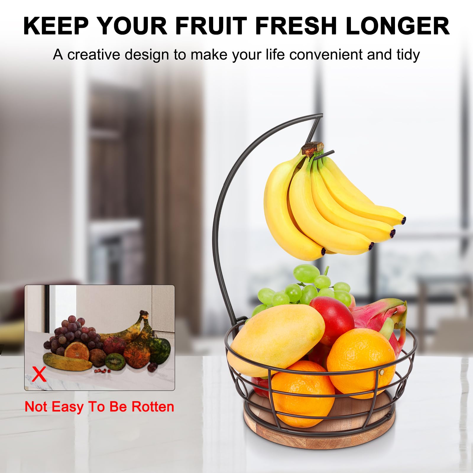 Livabber freestanding fruit bowl with banana hanger fits on any kitchen counter.