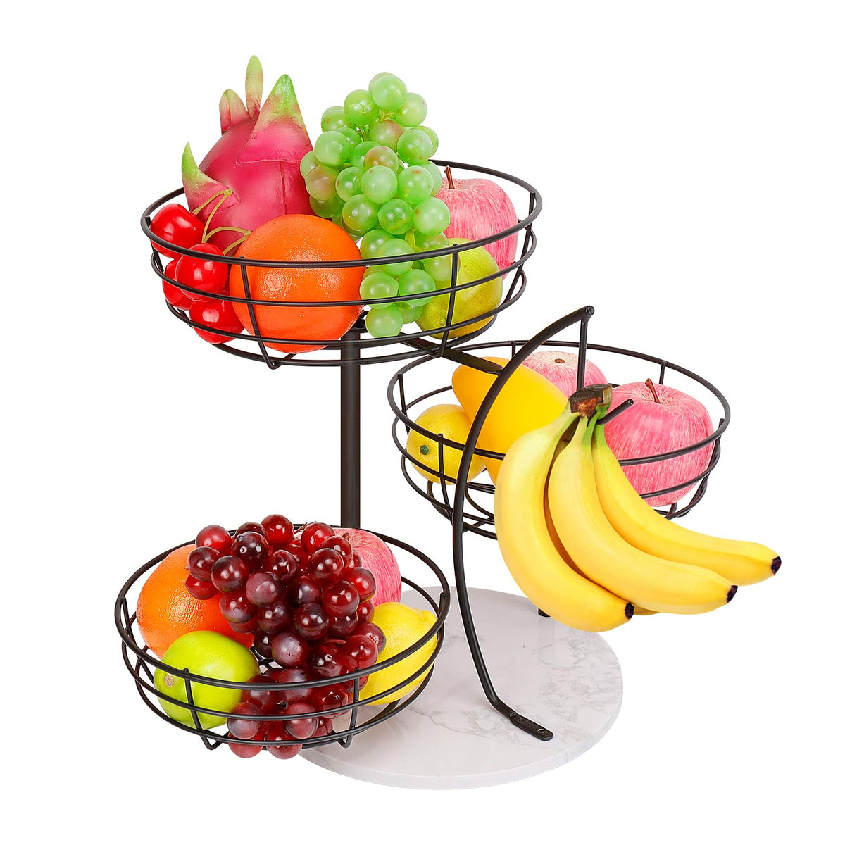 Livabber fruit basket with banana hanger on a three-tier marble base.