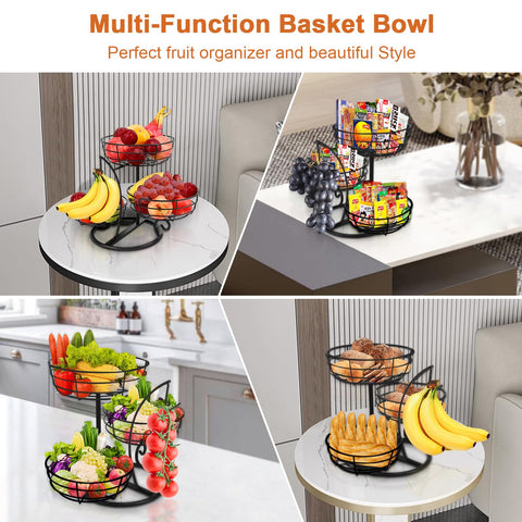 Livabber banana tree holder and baskets neatly hold bananas and fruit together.
